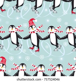 Funny Penguins Skating On Ice Seamless Pattern