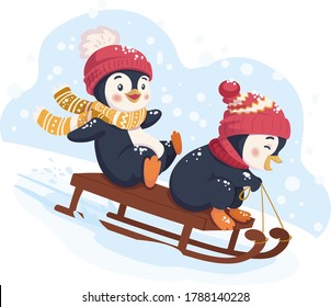 Funny Penguins Sledding. Sledding At Winter Time