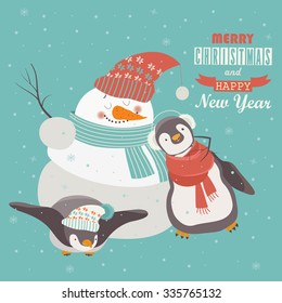 Funny penguins with snowman celebrating Christmas. Vector illustration