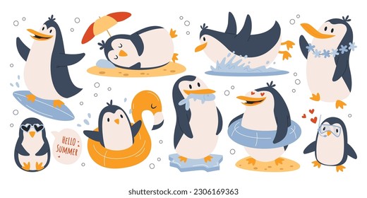 Pingüinos divertidos en las ilustraciones planas de verano. Aves bonitas en vacaciones. Pingüinos sonriendo, nadando y relajándose en la playa. Animación, gafas de buceo y surf. Elementos de diseño de vacaciones