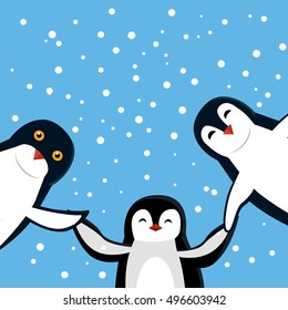 Funny penguins vector. Three smiling funny penguins holding hands on blue background with snowflakes flat illustration. Northern fauna. Winter holidays mood. For kid books, greeting card design