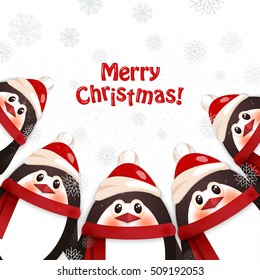 Funny penguins. Winter background
