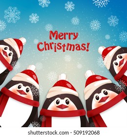 Funny penguins. Winter background