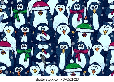 Funny penguins - winter vector illustration. Cartoon hand drawn design. Endless. 