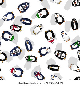 Funny penguins - winter vector illustration. Cartoon hand drawn design. Endless. 