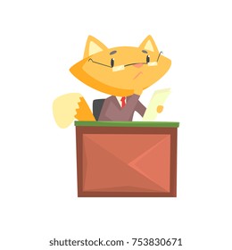Funny pensive businessman fox in a suit sitting at the desk in office and reading paper document, cute animal boss character cartoon vector Illustration on a white background