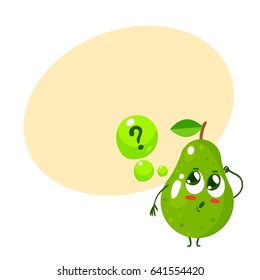 Funny and pensive character of pear. Vector illustration isolated on white background witl yellow place for text. Cartoon style.