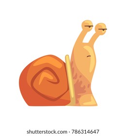 Funny pensive snail, cute comic mollusk character cartoon vector Illustration