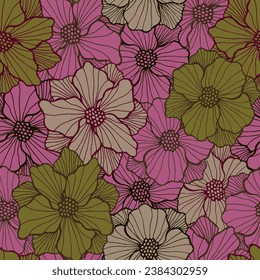 Die blühende Blüte der sonnigen Perone ist ein nahtloses Muster. Organische Blumendekoration. Die Blüte des Fußes mit den gestreiften Blütenblättern. Bildschirmhintergrund. Gartenblüte Sommer wiederholt Design Scrapbook motif.