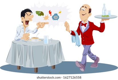 Funny people. Angry client quarreling with waiter.