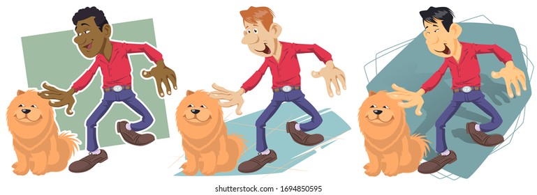 Funny people and animal. Man with dog.