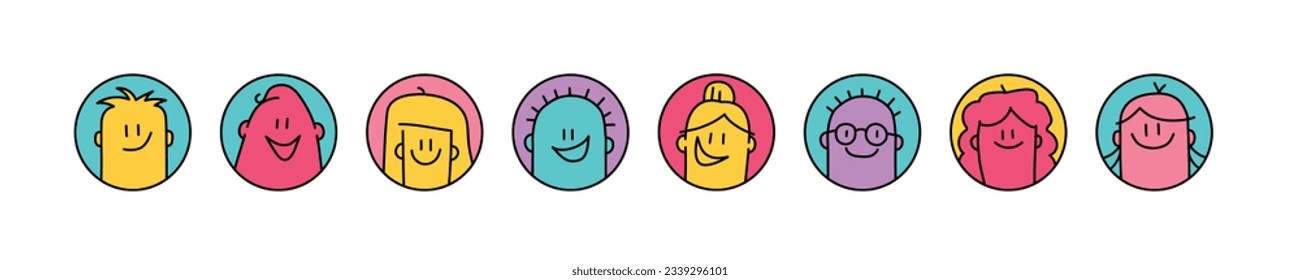 Funny People Avatar Round Icon Set. Stick figure. Doodle style. Vector illustration.