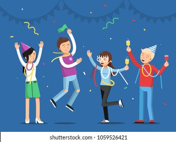 Funny people celebrating on the party. Mascot designs in flat style. Party and celebration, people dance and joy. Vector illustration