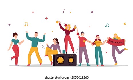 Funny people composition with cartoon human characters of festive girls and boys with boombox and placard vector illustration