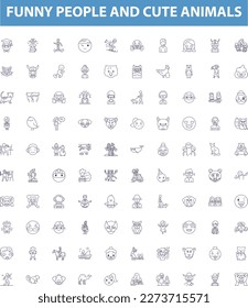 Funny people and cute animals line icons, signs set. Humorous, Furry, Adorable, Amusing, Grinning, Playful, Charming, Cheerful, Delightful outline vector illustrations.