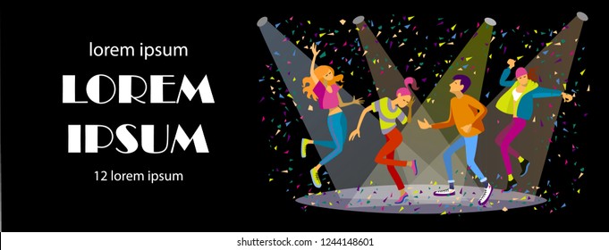 Funny people dancing at a party. Horizontal banner on black background for websites, web pages, printed materials, postcards, invitations, flyers .