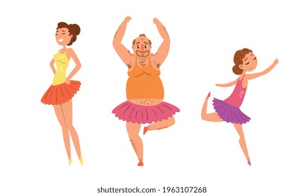 Funny People Dancing Wearing Tutu Dress Set, Parents Dancing with Their Daughter Cartoon Vector Illustration