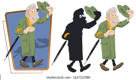 Funny people. Elderly man greets.