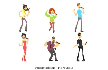 Funny People Emotionally Singing with Microphone, Man and Woman Singing Karaoke at Party Vector Illustration