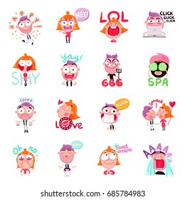 Funny people expressing various emotions with speech bubbles cartoon set isolated on white background vector illustration