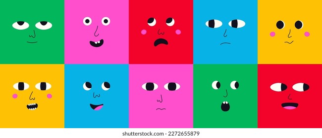 Funny people face mood expression emotion. Colorful doodle character set, modern cartoon avatars. Vector flat illustration