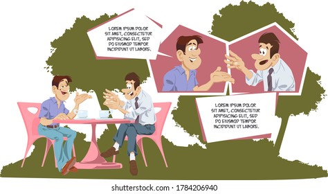 Funny people. Friends are talking at table in cafe.