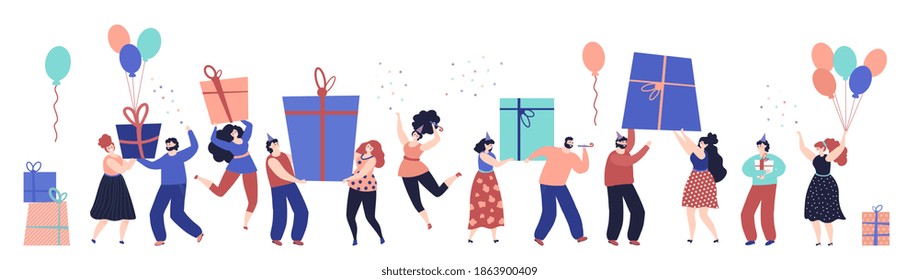 Funny people gifts. Birthday celebrating, beauty woman blowing whistle. Emotional friends company, confetti present box decent vector banner