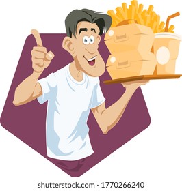 Funny people. Funny guy with tray of fast food.