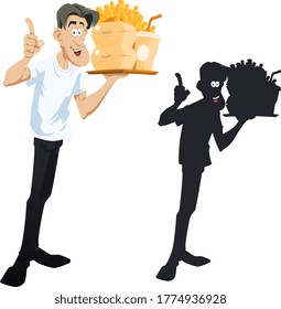 Funny people. Funny guy with tray of fast food.