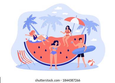 Funny people having fun near huge watermelon on beach flat vector illustration. Cartoon friends drinking cocktails, playing and relaxing. Summer activity and party concept