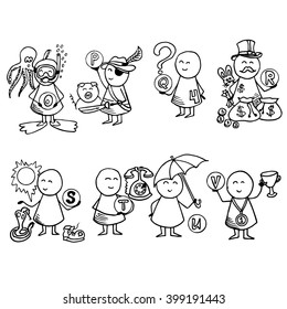 Funny people icons. Alphabet set. Doodle Vector Illustration.