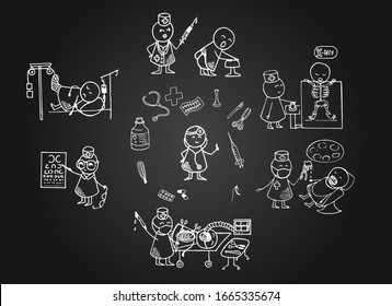 Funny people icons. Big medical set on blackboard. Doodle medical vector Illustration.