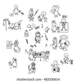 Funny people icons. Big medical set. Doodle medical vector background.