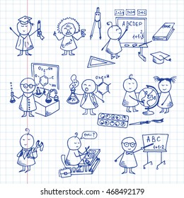 Funny people icons. Doodle school set. Vector education background on graph paper.