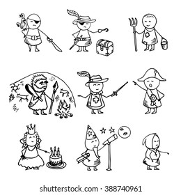Funny people icons. Historical doodle set. Vector Illustration.