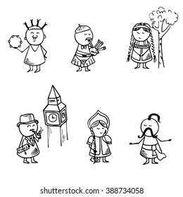 Funny people icons. National doodle set. Vector Illustration.