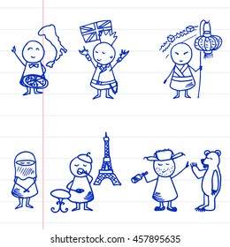 Funny people icons. National set. Vector Illustration on striped paper.