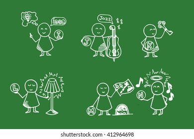 Funny people icons on blackboard. Alphabet set. Doodle Vector Illustration.