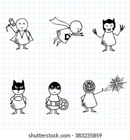 Funny people icons on blue graph paper. Superhero kids boys and girls cartoon vector illustration.