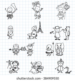 Funny people icons on blue graph paper. National set. Vector Illustration.