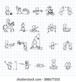 Funny people icons on blue graph paper. Big set of doodle sports symbols. Vector Illustration.