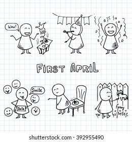 Funny people icons on blue graph paper. Vector Illustration. April fools day funny doodle set.