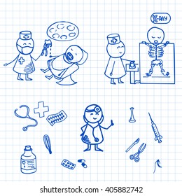 Funny people icons on graph paper. Medical set. Doodle vector Illustration.