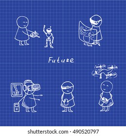 Funny people icons on graph paper. Doodle technology set. Vector hi-tech blueprint.