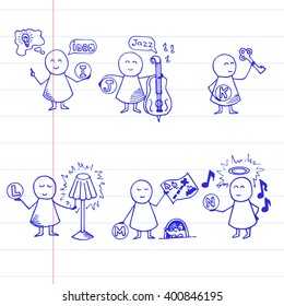 Funny people icons on striped paper. Alphabet set. Doodle Vector Illustration.