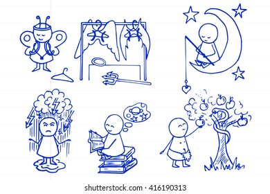 Funny people icons on striped paper. Doodle vector set.