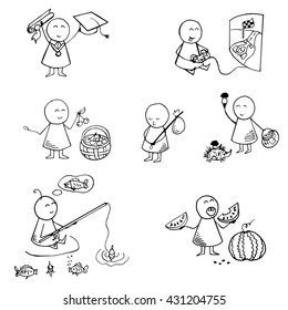 Funny people icons. Set of travel and vacation symbols. Vector illustration.