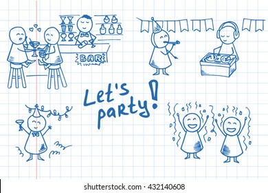 Funny people icons. Vector Illustration on graph paper. Festive background.