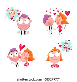 Funny people in love 2x2 stickers set with red hearts isolated on white background cartoon vector illustration
