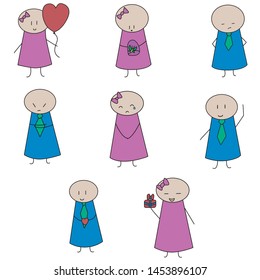 Funny people in love stickers set with red hearts isolated on white background cartoon vector illustration